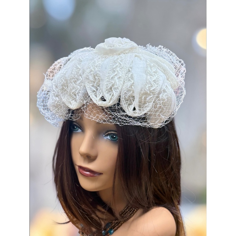 Vintage White Bridal Pillbox Hat with Birdcage Veil Rose Detail